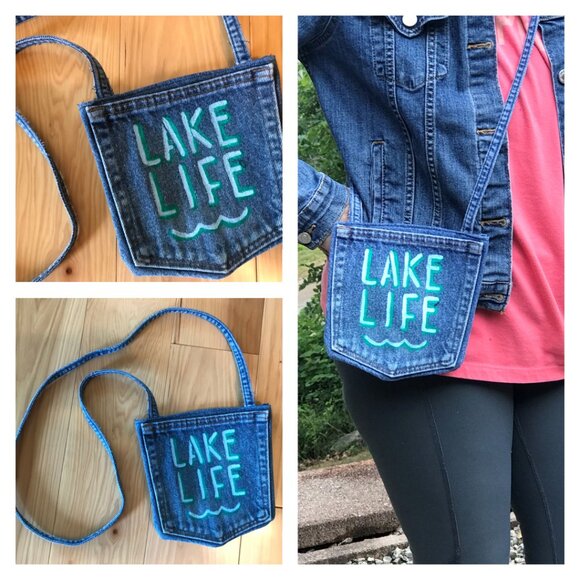 Handmade Crossbody Denim Bag: Painted Lake Life Cell Phone Jean Pocket Purse - Picture 11 of 11